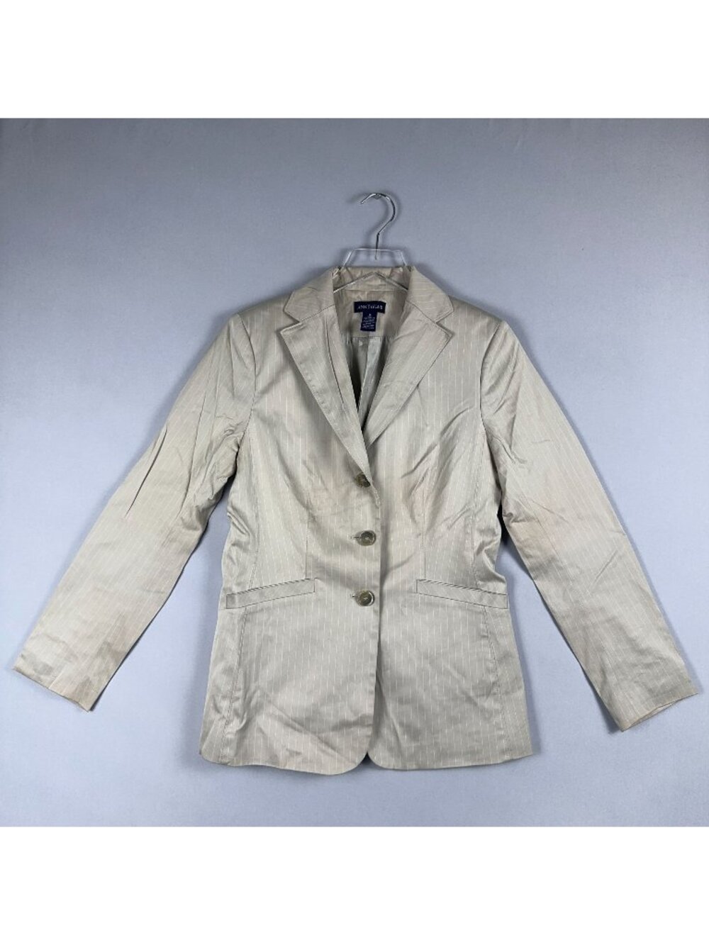 Ann Taylor Blaze Jacket Womens Size 8 Beige Pinstripe Three Button front